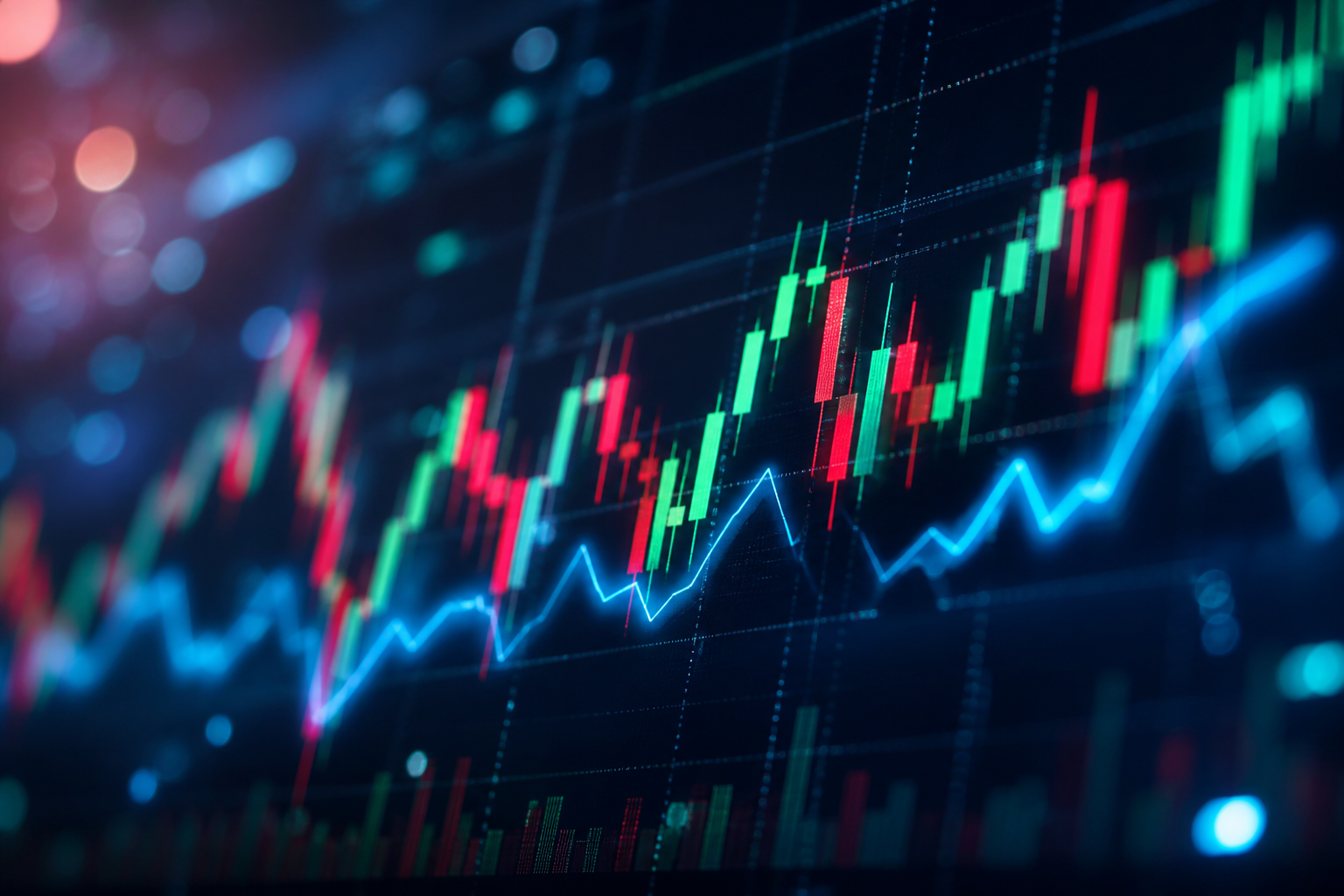 Close-up glowing candlestick chart on a dark trading screen