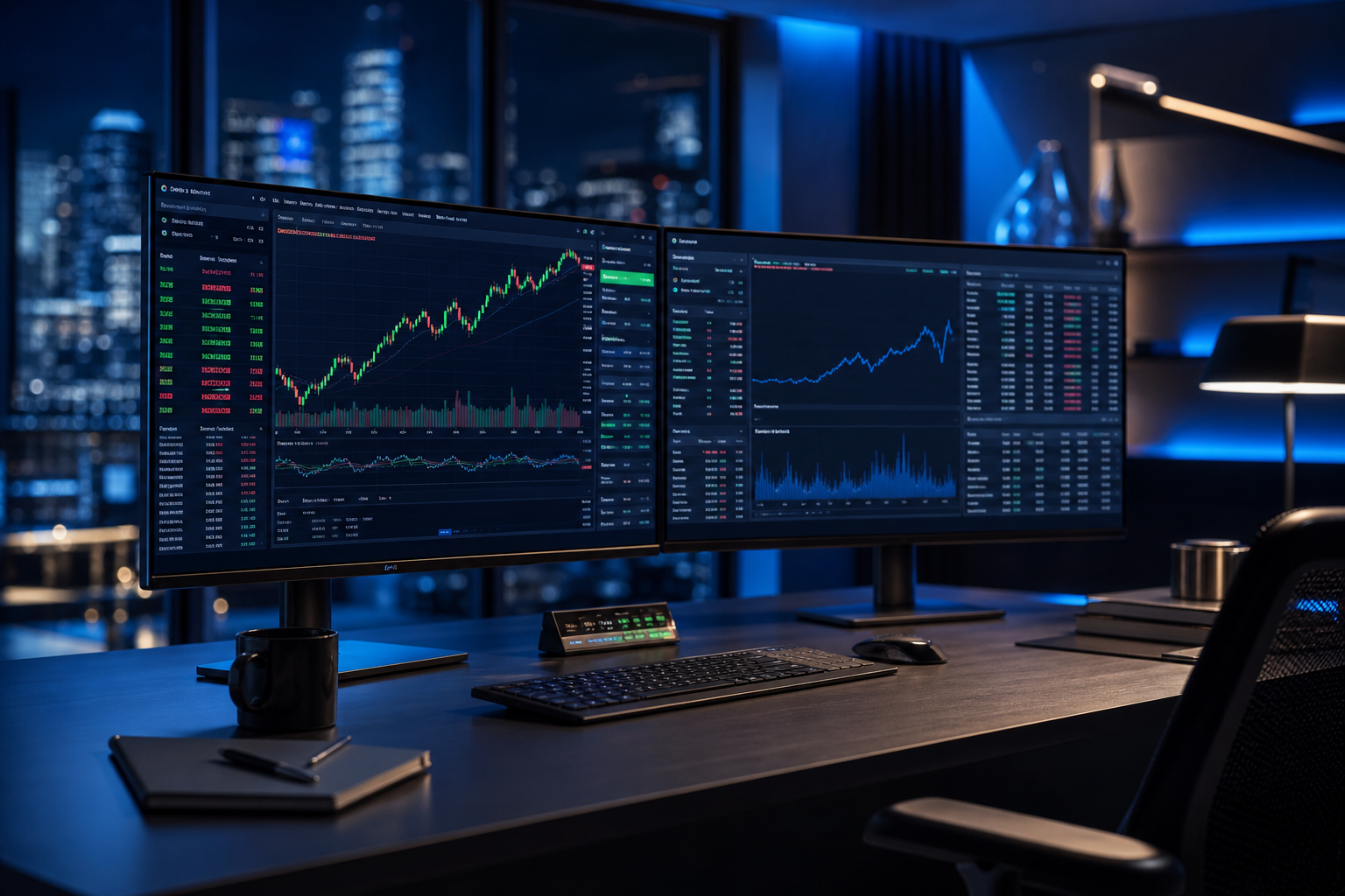 Multi-monitor trading desk with live candlestick charts