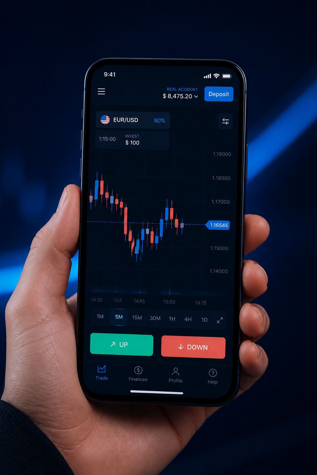 Smartphone showing NENPIX-style trading app with UP and DOWN